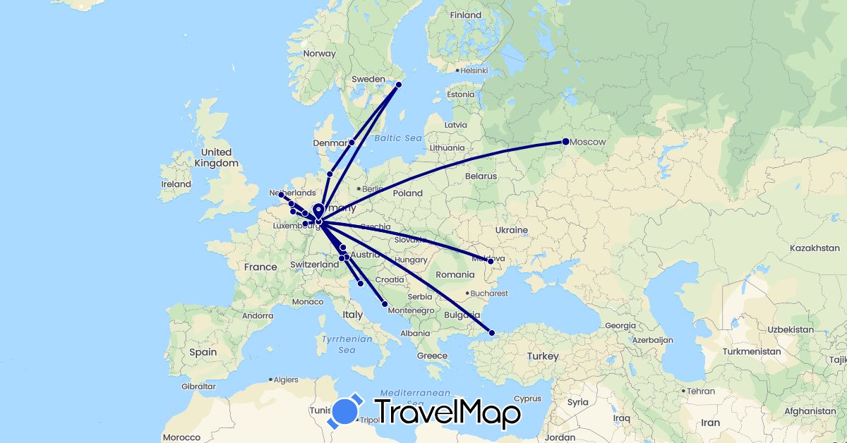 TravelMap itinerary: driving in Austria, Germany, Denmark, Croatia, Moldova, Netherlands, Russia, Sweden, Turkey (Asia, Europe)
